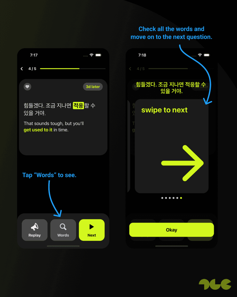Tap "Words" to see. -> Check all the words and move on the next quiz.