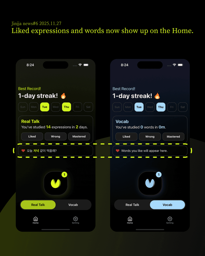 Liked expressions and words now show up on the Home.